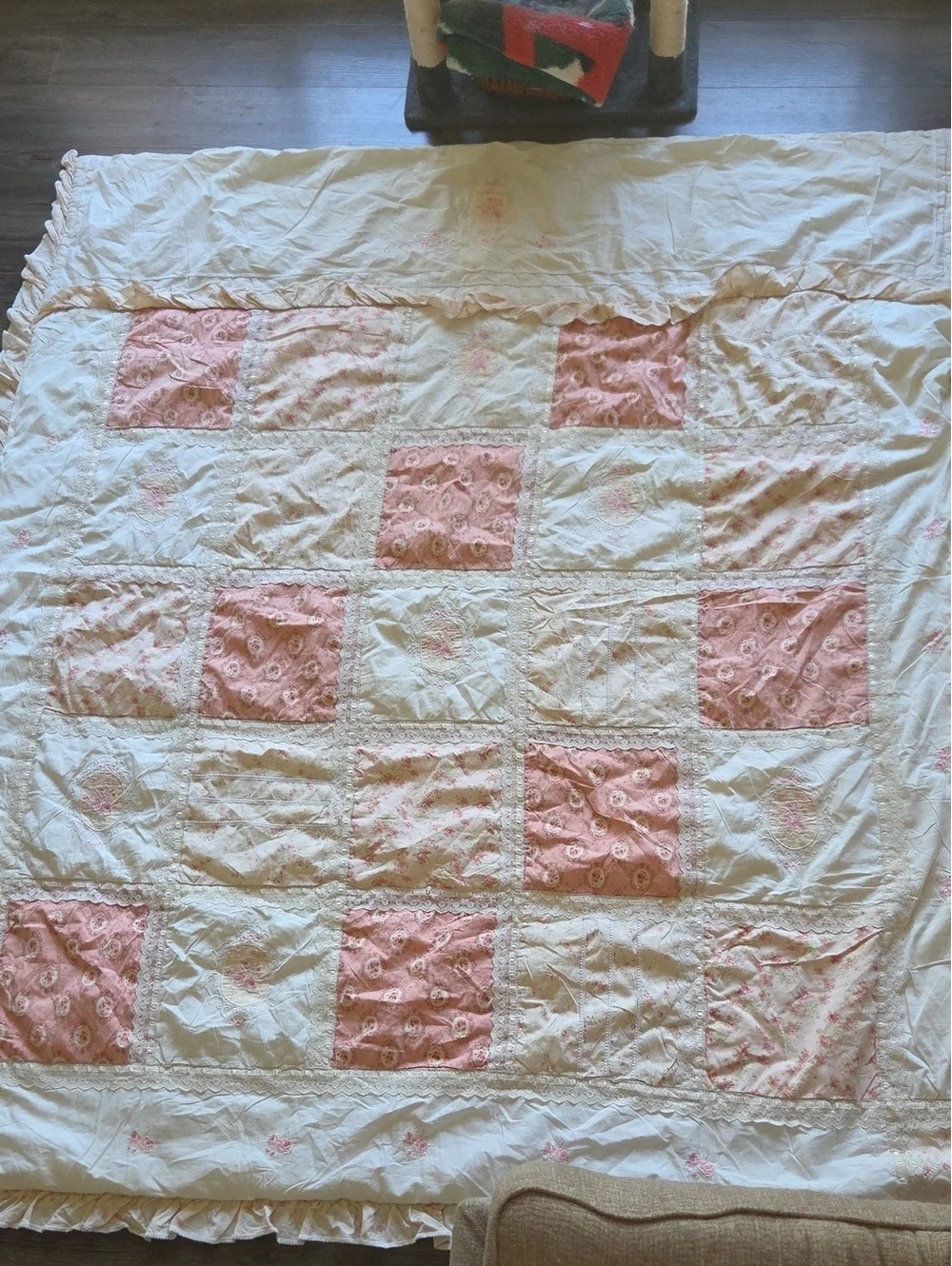 Vintage Classic Patchwork Pink and Cream Quilt Duvet Cover 86 × 78